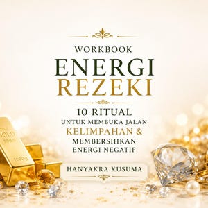 May include: A workbook titled ENERGI REZEKI 10 RITUAL UNTUK MEMBUKA JALAN KELIMPAHAN & MEMBERSIHKAN ENERGI NEGATIF by HANYAKRA KUSUMA, surrounded by gold bars marked FINE GOLD 999.9 1000g, sparkling diamonds, and white pearls on a bright background.