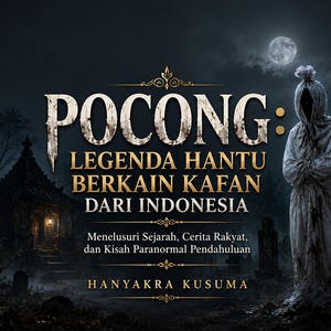 May include: A book cover titled POCONG: LEGENDA HANTU BERKAIN KAFAN DARI INDONESIA by Hanyakra Kusuma. It features a white-shrouded figure standing in a dark, moonlit cemetery with a traditional building in the background and text in Indonesian.