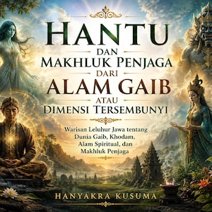Puede incluir: Una portada de libro titulada HANTU DAN MAKHLUK PENJAGA DARI ALAM GAIB ATAU DIMENSI TERSEMBUNYI por HANYAKRA KUSUMA. La ilustración muestra a una persona meditando, figuras etéreas, una gran entidad guardiana y templos antiguos en un paisaje.