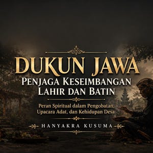 Puede incluir: Un gráfico oscuro y atmosférico con el texto DUKUN JAWA, PENJAGA KESEIMBANGAN LAHIR DAN BATIN, Peran Spiritual dalam Pengobatan, Upacara Adat, dan Kehidupan Desa, HANYAKRA KUSUMA, y la silueta de una persona sentada en un entorno tradicional.