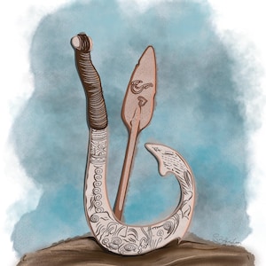 May include: A white wooden hook with intricate carvings, resting on a piece of driftwood. A brown wooden paddle with a carved design is leaning against the hook.