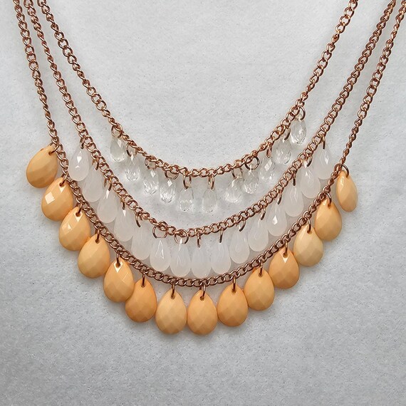 Beaded Statement Necklace Dangle Peach Clear Face… - image 2