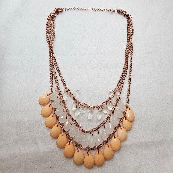 Beaded Statement Necklace Dangle Peach Clear Face… - image 3