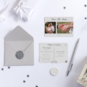 Eleganter QR Code Save the Date Postkarten Vorlage: Digitale Hochzeitseinladung mit Antwortlink