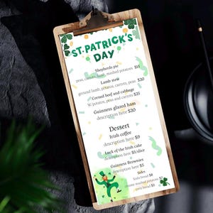 Edytowalny szablon menu baru na dzień św. Patryka - drukowana lista drinków na imprezę w kształcie koniczyny na uroczystości