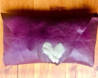 Purple Lamb Leather Handbag with Heart Fur Accent