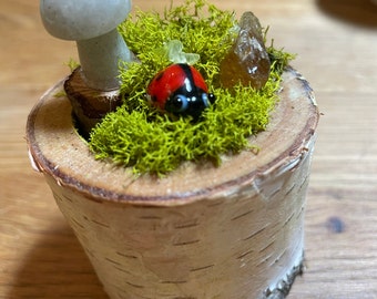 Moss & Wood Home/Office Decor with Glass ladybug and Citrine crystal, Angelite mushroom crystal, Labradorite Blue/Purple Flash