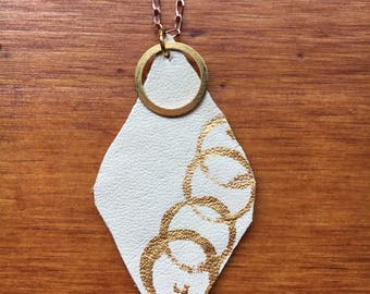 Italian 14k Rose Gold Plated Necklace with Cream Leather Pendant, Hand Painted, Casual & Elegant