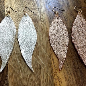 Metallic leather earrings in leaf shape, with fringe accents accent, w/14K filled hooks, Boho,
