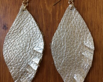 Metallic leather in Champagne Gold & Rose Gold, Leaf-shaped Earrings w/ Fringe, 14 K filled hooks, Boho