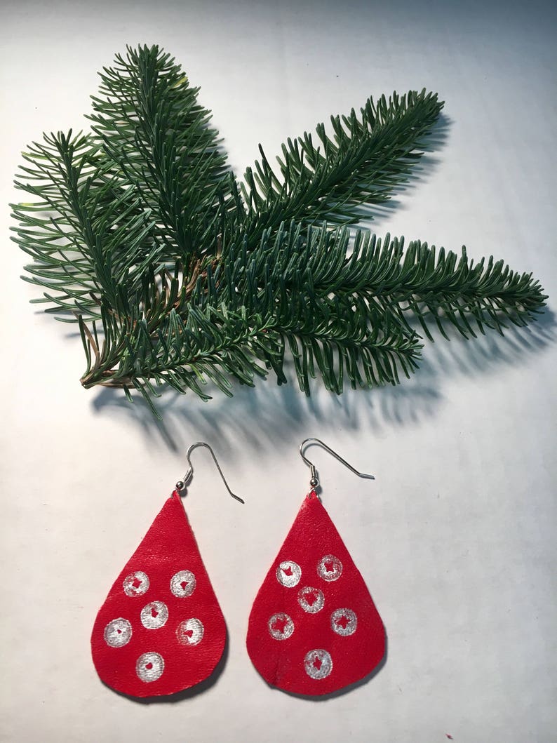 Happy Holidays, Christmas Red Leather Drop Earrings w/Gold & Silver Accent image 4