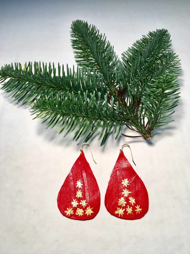 Happy Holidays, Christmas Red Leather Drop Earrings w/Gold & Silver Accent image 6