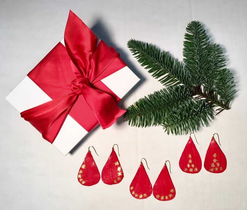 Happy Holidays, Christmas Red Leather Drop Earrings w/Gold & Silver Accent image 1