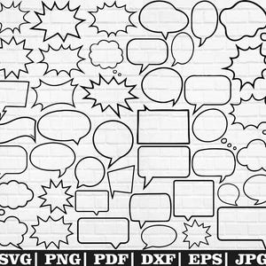Puede incluir: Un conjunto de bocadillos negros y blancos de diversas formas. La imagen incluye texto en la parte inferior: SVG | PNG | PDF | DXF | EPS | JPG. Los bocadillos están delineados y parecen arte digital.