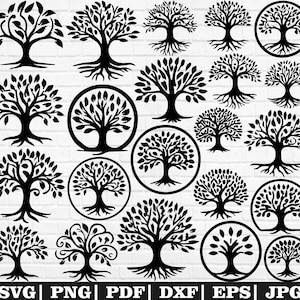 May include: A collection of black tree silhouettes in various sizes and styles. Some trees are enclosed in circular frames. The image includes the file type abbreviations: SVG, PNG, PDF, DXF, EPS, and JPG.