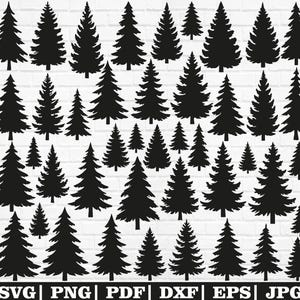 May include: A collection of black fir tree silhouettes in various sizes. The trees are arranged on a white brick background. The bottom of the image contains the text "SVG | PNG | PDF | DXF | EPS | JPG".