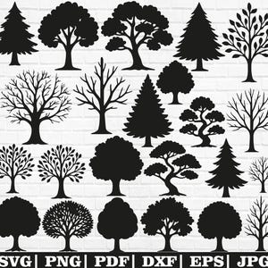 May include: A collection of black tree silhouettes in various styles, including evergreen, deciduous, and stylized bonsai trees. The image includes the file format options: SVG, PNG, PDF, DXF, EPS, and JPG.
