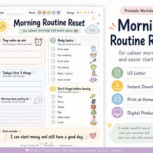 Réinitialisation de la routine matinale (PDF imprimable), liste de contrôle matinale pour les personnes atteintes de TDAH, tableau de routine pour enfants et adultes, format Lettre US, téléchargement instantané image 4