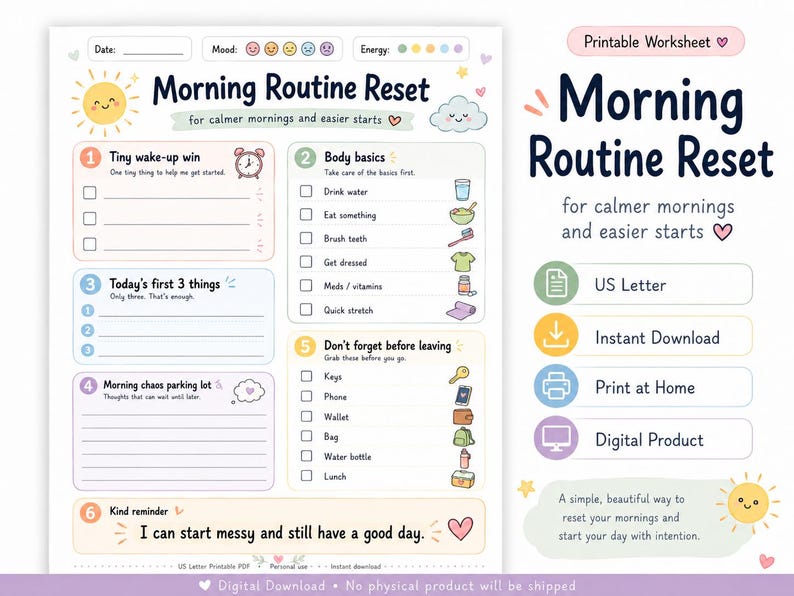 Réinitialisation de la routine matinale (PDF imprimable), liste de contrôle matinale pour les personnes atteintes de TDAH, tableau de routine pour enfants et adultes, format Lettre US, téléchargement instantané image 4