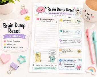 Fiche d'exercices « Brain Dump Reset » à imprimer (PDF), agenda humoristique pour TDAH, fiche de travail sur la surcharge mentale, format US Letter, téléchargement instantané