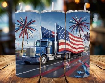 Patriottische vrachtwagenchauffeur beker wrap PNG | Memorial Day, Veterans Day, VS Afdrukbaar | 20oz recht en taps toelopend