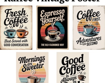 Peut inclure: Cinq affiches vintage sur le café avec des designs rétro et des citations motivantes. Les affiches présentent des illustrations de tasses et de mugs à café avec de la vapeur qui s'en échappe. Les citations incluent "Café frais", "Exprimez-vous avec un espresso", "Le café d'abord, les aventures ensuite", "Les matins sont plus doux", et "Le bon café est toujours élégant".