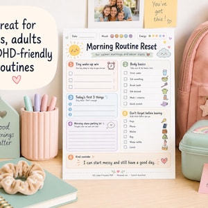 Peut inclure: Une liste de contr&ocirc;le Morning Routine Reset imprim&eacute;e sur papier blanc, comprenant des sections pour la date, l'humeur, l'&eacute;nergie et des t&acirc;ches num&eacute;rot&eacute;es incluant les besoins corporels, les objectifs et des notes, orn&eacute;e d'ic&ocirc;nes de soleil et c&oelig;ur.