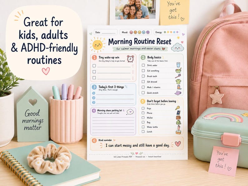 Peut inclure: Une liste de contr&ocirc;le Morning Routine Reset imprim&eacute;e sur papier blanc, comprenant des sections pour la date, l'humeur, l'&eacute;nergie et des t&acirc;ches num&eacute;rot&eacute;es incluant les besoins corporels, les objectifs et des notes, orn&eacute;e d'ic&ocirc;nes de soleil et c&oelig;ur.