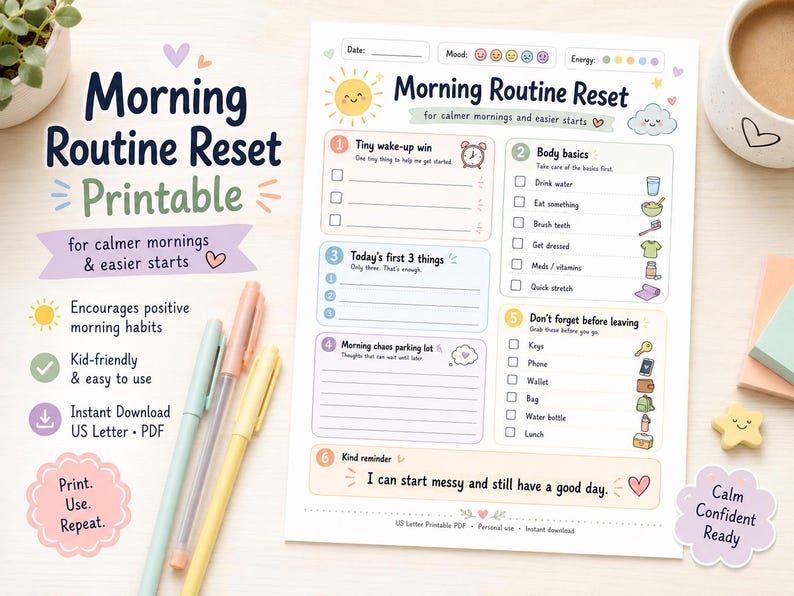 Peut inclure: Une fiche imprimable Morning Routine Reset sur papier blanc comprenant des sections pour les t&acirc;ches quotidiennes, les habitudes et les rappels. Le document inclut des ic&ocirc;nes color&eacute;es, des cases &agrave; cocher et des champs pour la date, l'humeur et l'&eacute;nergie.