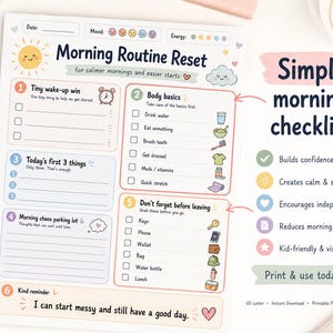 Peut inclure: Une liste de contr&ocirc;le imprimable Morning Routine Reset sur fond blanc avec des sections num&eacute;rot&eacute;es pour les t&acirc;ches quotidiennes, incluant Tiny wake-up win, Body basics, Today's first 3 things, Morning chaos parking lot, Don't forget before leaving et Kind reminder.