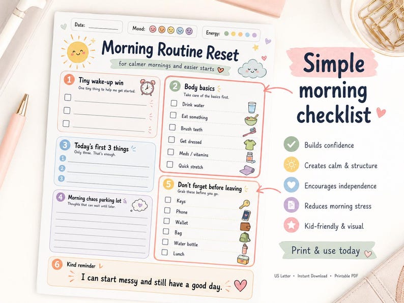 Peut inclure: Une liste de contr&ocirc;le imprimable Morning Routine Reset sur fond blanc avec des sections num&eacute;rot&eacute;es pour les t&acirc;ches quotidiennes, incluant Tiny wake-up win, Body basics, Today's first 3 things, Morning chaos parking lot, Don't forget before leaving et Kind reminder.