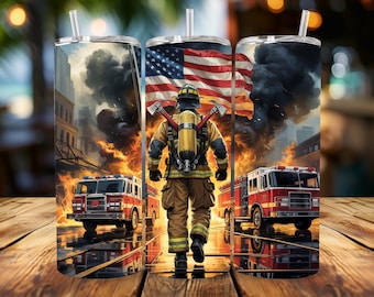 Firefighter Tumbler Wrap PNG – Patriotic USA Firefighter 20 oz Skinny Tumbler Sublimation Design | Digital Download