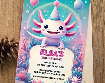 Axolotl Birthday Invitation | Pastel Pink, Underwater Theme (Editable Canva Template)