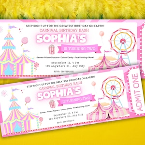 Carnival Birthday Ticket Invitation: Pink Circus Theme (Editable Canva Template)
