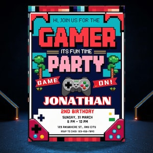 Retro Videospiel-Geburtstagseinladung | Gamer Party einladen | Bearbeitbarer digitaler Download | Pixel Gaming Geburtstagsvorlage | Arcade Party Thema