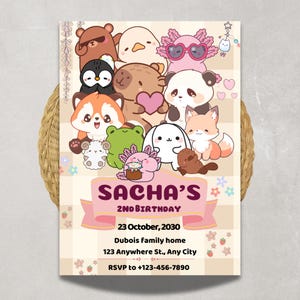 Modello di invito di compleanno per animali kawaii / Invito per festa carino per axolotl, capibara, panda rosso e amici / Download digitale modificabile