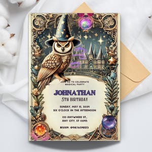 Wizard School Birthday Invitation: Fantasy Owl Design (Editable Canva Template)