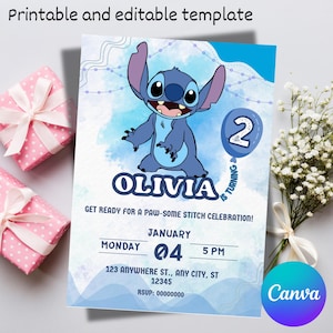 Modèle d'invitation d'anniversaire modifiable Stitch, invitation d'anniversaire imprimable Stitch bleu, invitation de fête numérique pour enfants cartes d'anniversaire garçons et filles Evite