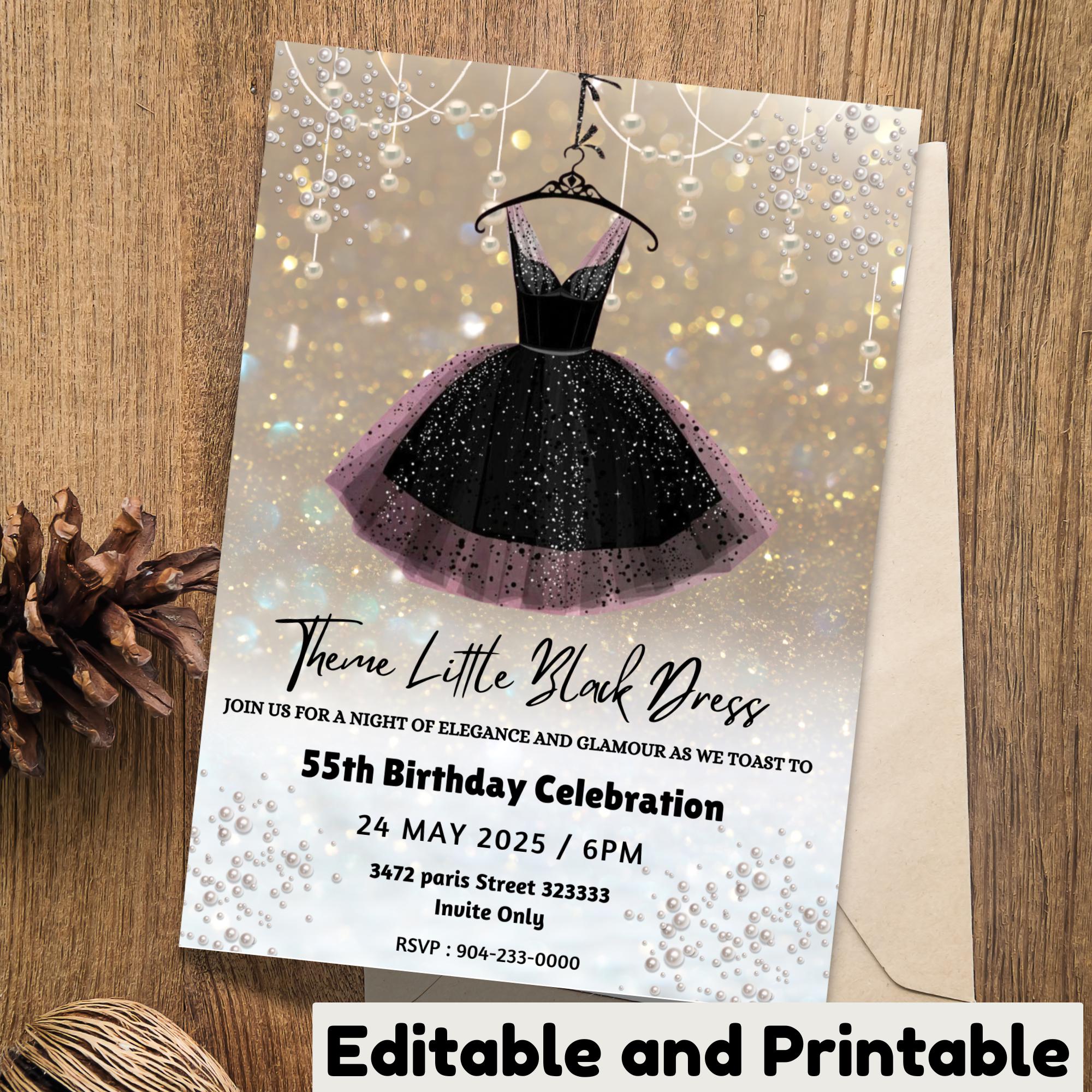 little black dress party invitations Little Black Dress Birthday Invitation: Elegant Theme (editable Canva  Template)