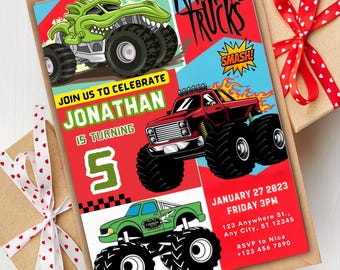 May include: A red, blue, and green monster truck birthday invitation for a boy turning five. The invitation features a cartoon monster truck with the text "Monster Trucks" and "Smash!" The invitation also includes the text "Join us to celebrate Jonathan is turning 5".