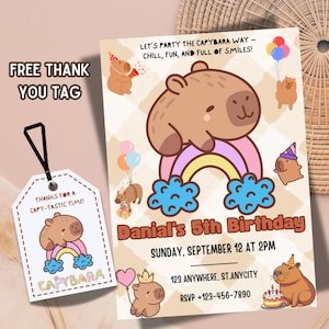 May include: A thank you tag with a cartoon capybara on a rainbow. The tag says "Thanks for a Capy-Tastic Time!" and has a cute capybara illustration. The tag is white with black text and a black string.