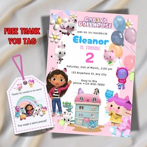 Szablon zaproszenia urodzinowego Gabby’s Dollhouse | Edytowalne i drukowane zaproszenie na imprezę | Cyfrowa kartka urodzinowa | Natychmiastowe pobranie / Darmowa etykieta na imprezę