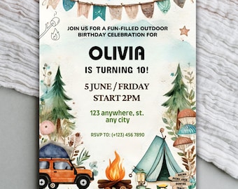 Kids Camping Birthday Invitation: Adventure Forest Theme (Canva Template)
