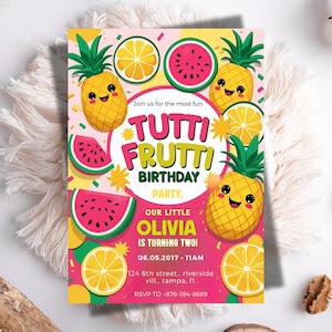 Tutti Frutti Birthday Invitation: Tropical Fruit Party, Editable Canva Template (Digital Download)