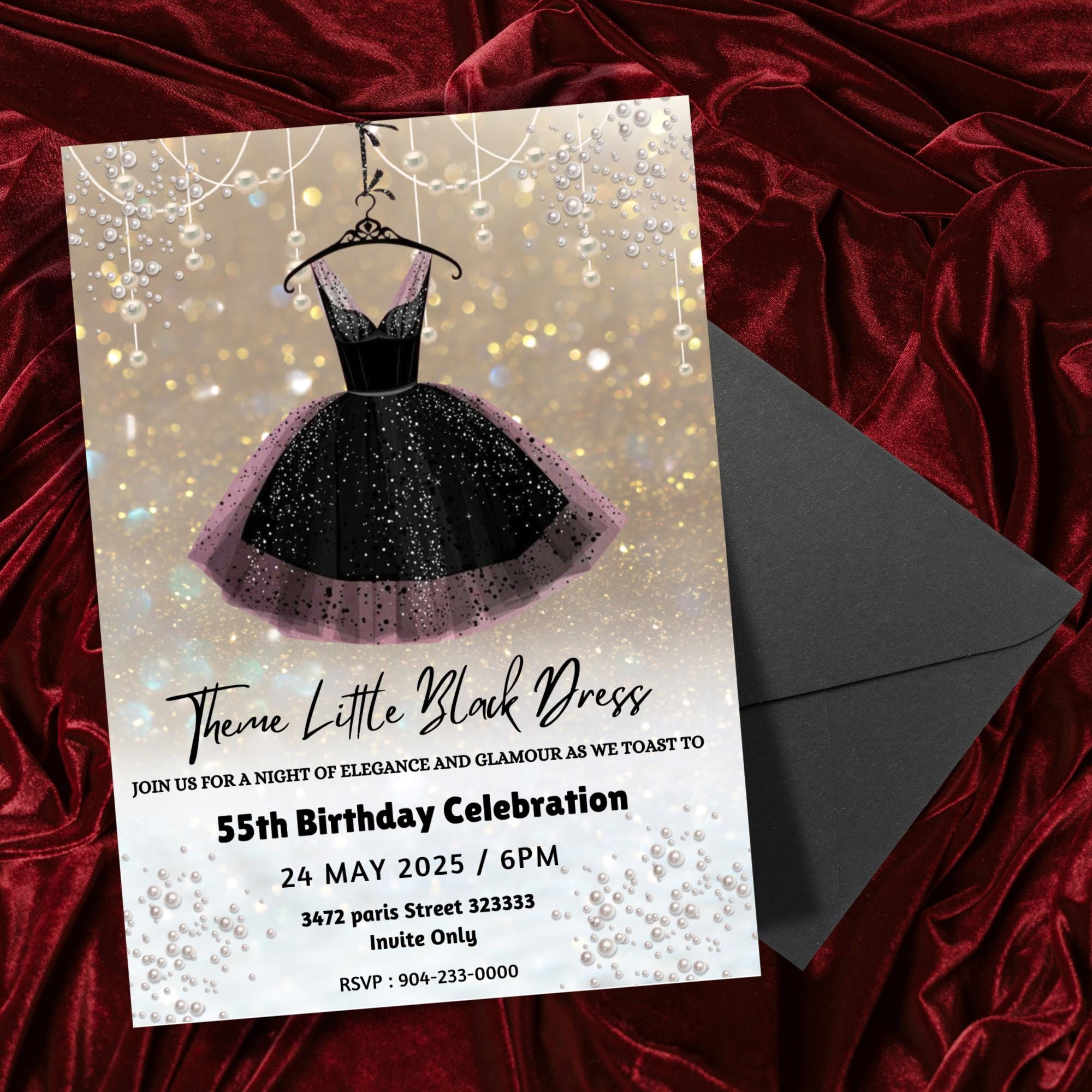open lace back dress Cocktails and Heels Bachelorette Party Invitation Card, Monochrome Inv