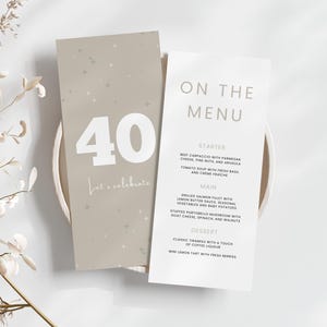 Editable Birthday Dinner Menu Template – Minimalist 40th Birthday Menu Sign – Beige Printable Event Menu – Modern Canva Menu Design 4x9