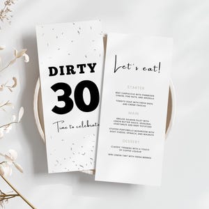 Modèle de menu de dîner d'anniversaire modifiable - Panneau de menu sale 30e anniversaire - Menu d'événement imprimable - Conception de menu moderne sur toile 4 x 9