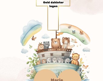 May include: A watercolor illustration of a Noah's Ark with animals on board. The ark is floating on a blue sea with a rainbow in the sky. The text "Alles Liebe zur Taufe" is at the top of the image. The text "Marie 23.05.24 von Oma & Opa" is in a heart shape at the bottom of the image.