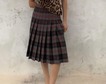 Vintage Tartan Pleated Midi Skirt in Grey Burgundy and Black with High Waist