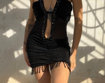 Black Lurex Mini Dress with Sequins and Beaded Fringe | Deep V Neck | Size S